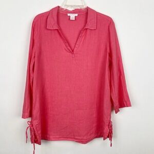 Isaac Mizrahi‎ New York Linen Collared V-Neck Tunic Top Blouse Womens M  Salmon